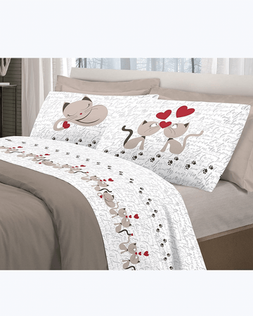 Set Lenzuola Letto in Cotone Made in Italy - Completo Letto Stampa Gattini Beige